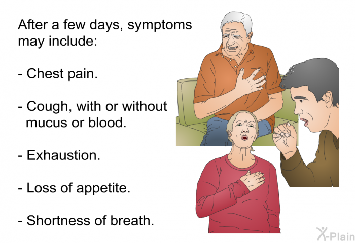 After a few days, symptoms may include:  Chest pain. Cough, with or without mucus or blood. Exhaustion. Loss of appetite. Shortness of breath.