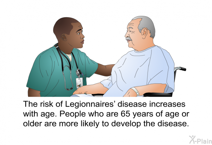 The risk of Legionnaires' disease increases with age. People who are 65 years of age or older are more likely to develop the disease.