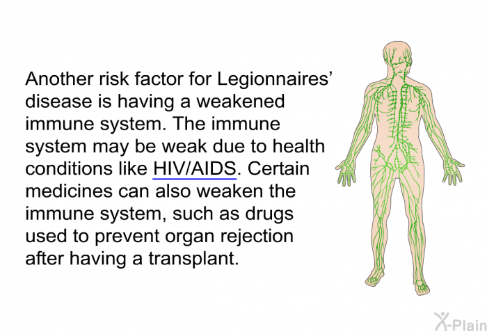 Another risk factor for Legionnaires’ disease is having a weakened immune system. The immune system may be weak due to health conditions like HIV/AIDS. Certain medicines can also weaken the immune system, such as drugs used to prevent organ rejection after having a transplant.