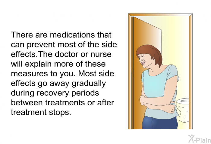 There are medications that can prevent most of the side effects.The doctor or nurse will explain more of these measures to you. Most side effects go away gradually during recovery periods between treatments or after treatment stops.