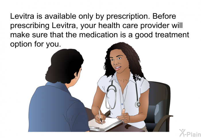 Levitra is available only by prescription. Before prescribing Levitra, your health care provider will make sure that the medication is a good treatment option for you.