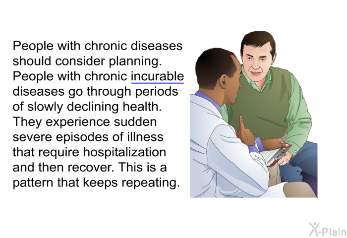 People with chronic diseases should consider planning. People with chronic incurable diseases go through periods of slowly declining health. They experience sudden severe episodes of illness that require hospitalization and then recover. This is a pattern that keeps repeating.