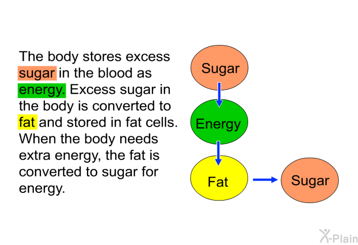 The body stores excess sugar in the blood as energy. Excess sugar in the body is converted to fat and stored in fat cells. When the body needs extra energy, the fat is converted to sugar for energy.