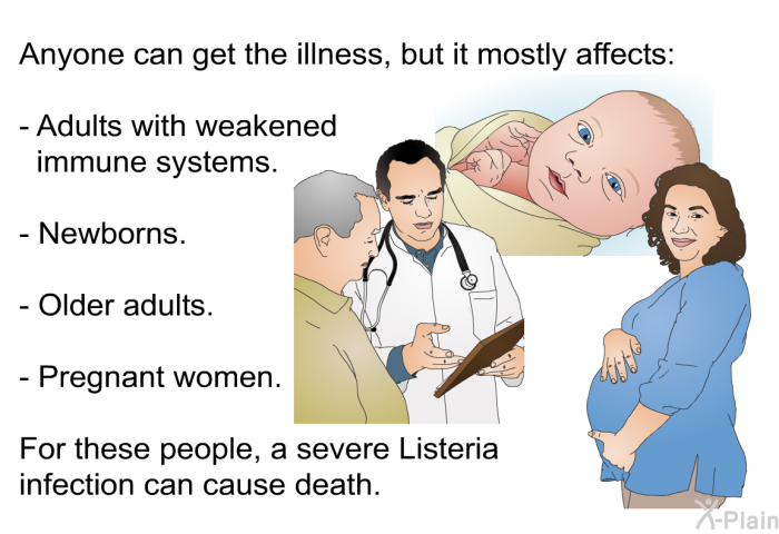 Anyone can get the illness, but it mostly affects:  Adults with weakened immune systems. Newborns. Older adults. Pregnant women. 
 For these people, a severe listeria infection can cause death.