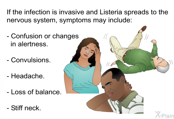If the infection is invasive and Listeria spreads to the nervous system, symptoms may include:  Confusion or changes in alertness. Convulsions. Headache. Loss of balance. Stiff neck.