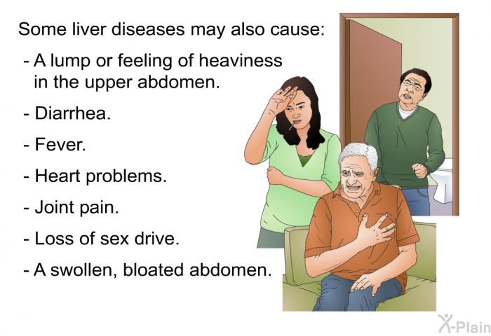 Some liver diseases may also cause:  A lump or feeling of heaviness in the upper abdomen. Diarrhea. Fever. Heart problems. Joint pain. Loss of sex drive. A swollen, bloated abdomen.