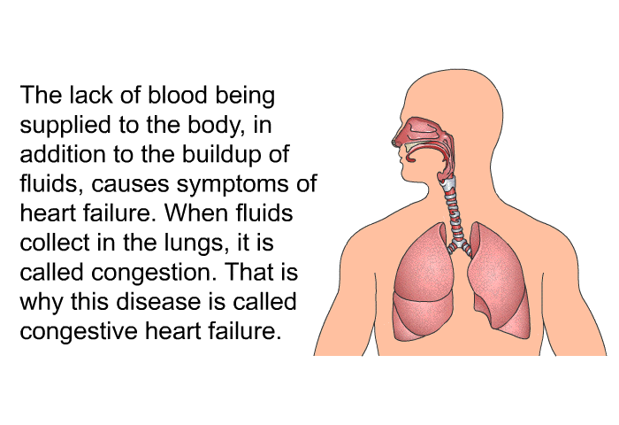 The lack of blood being supplied to the body, in addition to the buildup of fluids, causes symptoms of heart failure. When fluids collect in the lungs, it is called congestion. That is why this disease is called congestive heart failure.