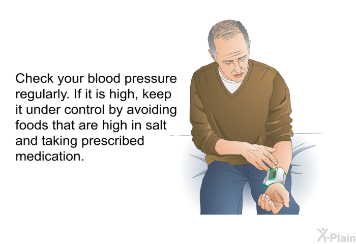 Check your blood pressure regularly. If it is high, keep it under control by avoiding foods that are high in salt and taking prescribed medication.