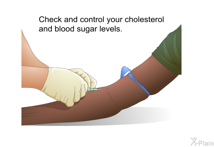 Check and control your cholesterol and blood sugar levels.