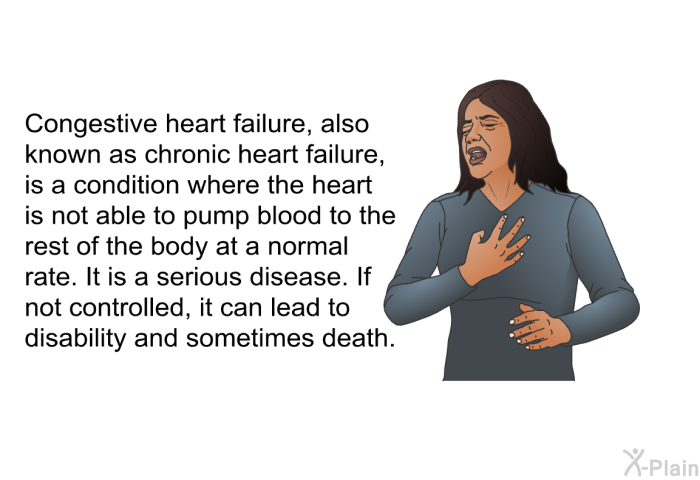 Congestive heart failure, also known as chronic heart failure, is a condition where the heart is not able to pump blood to the rest of the body at a normal rate. It is a serious disease. If not controlled, it can lead to disability and sometimes death.