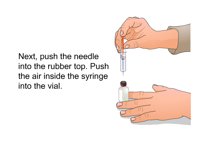 Next, push the needle into the rubber top. Push the air inside the syringe into the vial.