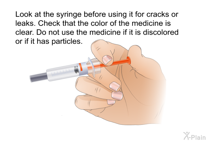 Look at the syringe before using it for cracks or leaks. Check that the color of the medicine is clear. Do not use the medicine if it is discolored or if it has particles.