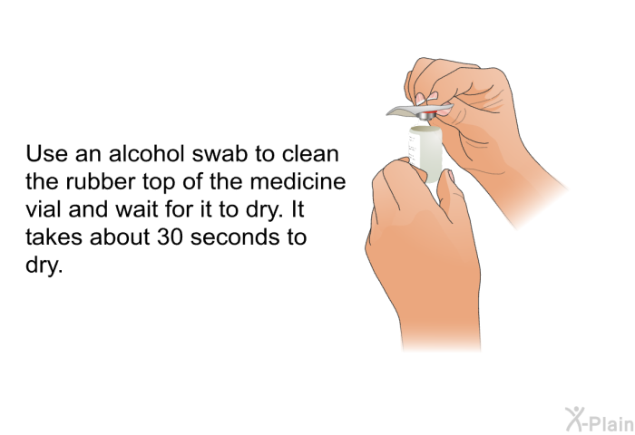 Use an alcohol swab to clean the rubber top of the medicine vial and wait for it to dry. It takes about 30 seconds to dry.