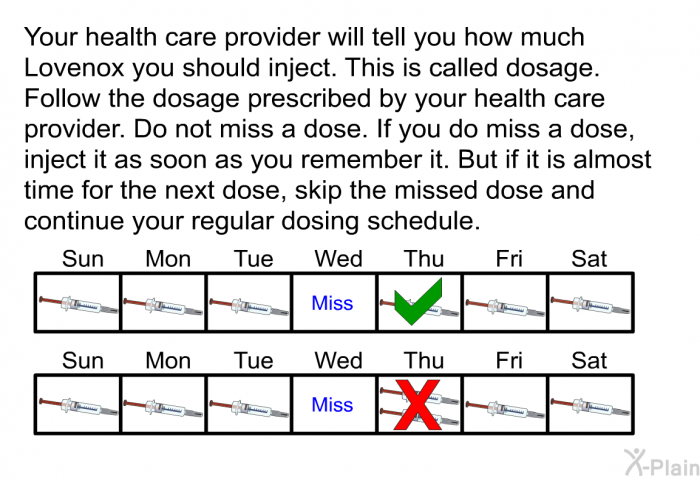 Your health care provider will tell you how much Lovenox you should inject. This is called dosage. Follow the dosage prescribed by your health care provider. Do not miss a dose. If you do miss a dose, inject it as soon as you remember it. But if it is almost time for the next dose, skip the missed dose and continue your regular dosing schedule.