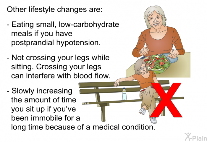 Other lifestyle changes are:  Eating small, low-carbohydrate meals if you have postprandial hypotension. Not crossing your legs while sitting. Crossing your legs can interfere with blood flow. Slowly increasing the amount of time you sit up if you’ve been immobile for a long time because of a medical condition.