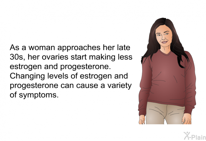 As a woman approaches her late 30s, her ovaries start making less estrogen and progesterone. Changing levels of estrogen and progesterone can cause a variety of symptoms.