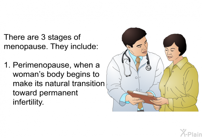 There are 3 stages of menopause. They include:  Perimenopause, when a woman's body begins to make its natural transition toward permanent infertility.