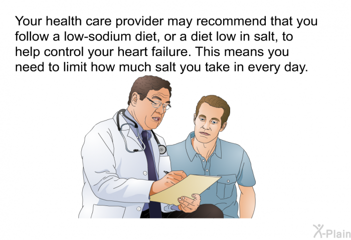 Your health care provider may recommend that you follow a low-sodium diet, or a diet low in salt, to help control your heart failure. This means you need to limit how much salt you take in every day.