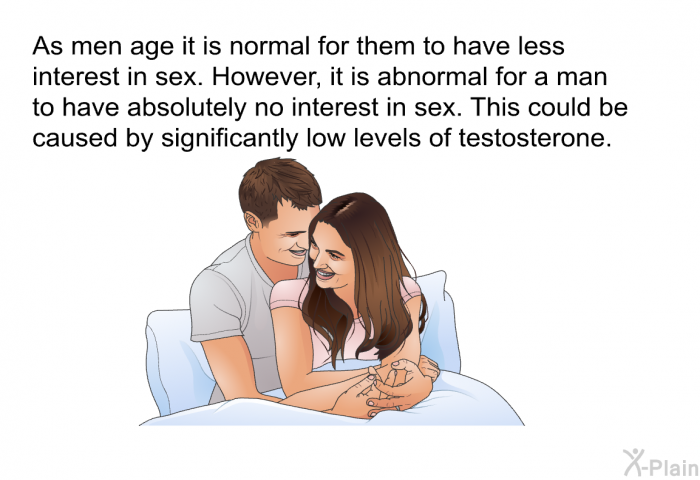 As men age it is normal for them to have less interest in sex. However, it is abnormal for a man to have absolutely no interest in sex. This could be caused by significantly low levels of testosterone.