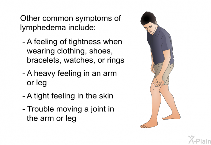 Other common symptoms of lymphedema include:  A feeling of tightness when wearing clothing, shoes, bracelets, watches, or rings A heavy feeling in an arm or leg A tight feeling in the skin Trouble moving a joint in the arm or leg