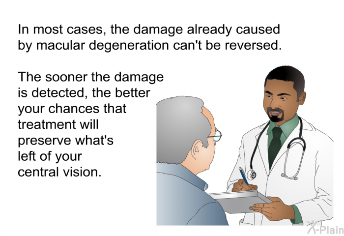 In most cases, the damage already caused by macular degeneration can't be reversed. The sooner the damage is detected, the better your chances that treatment will preserve what's left of your central vision.