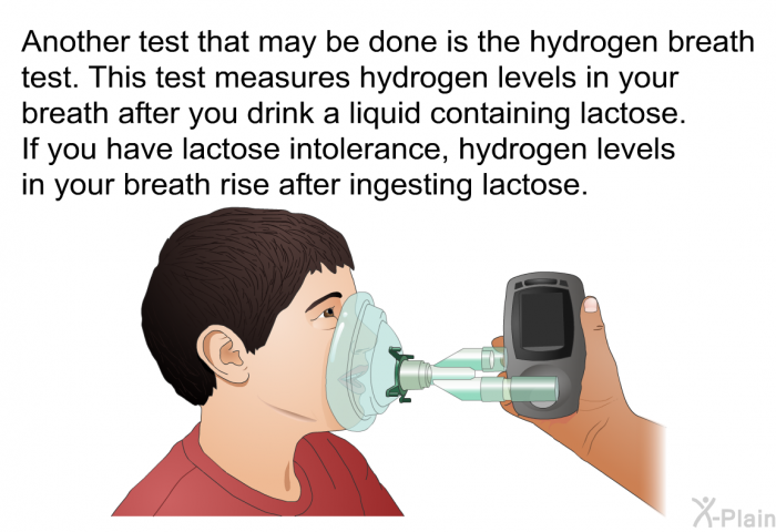 Another test that may be done is the hydrogen breath test. This test measures hydrogen levels in your breath after you drink a liquid containing lactose. If you have lactose intolerance, hydrogen levels in your breath rise after ingesting lactose.