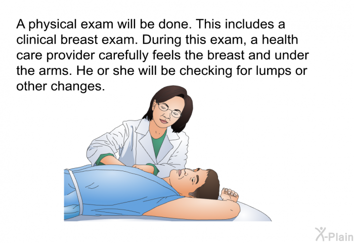A physical exam will be done. This includes a clinical breast exam. During this exam, a health care provider carefully feels the breast and under the arms. He or she will be checking for lumps or other changes.