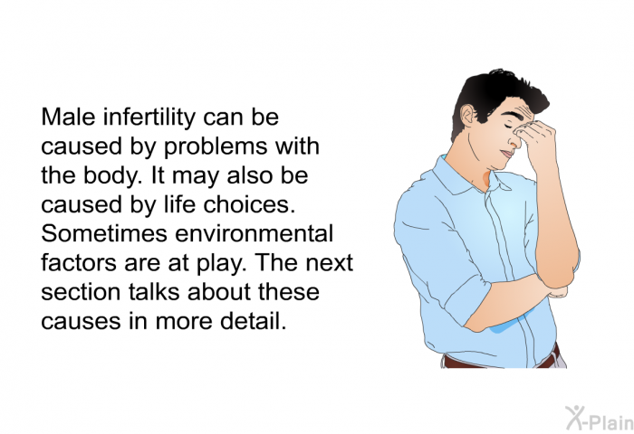 Male infertility can be caused by problems with the body. It may also be caused by life choices. Sometimes environmental factors are at play. The next section talks about these causes in more detail.