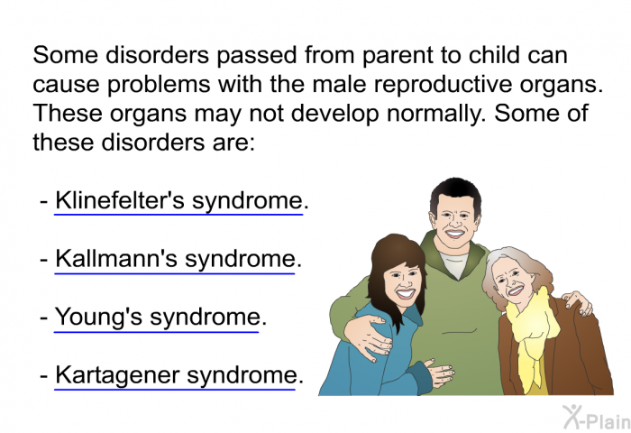 Some disorders passed from parent to child can cause problems with the male reproductive organs. These organs may not develop normally. Some of these disorders are:  Klinefelter's syndrome. Klinefelter’s syndrome happens when a male is born with 2 X chromosomes and 1 Y chromosome. Normally, men are born with 1 X and 1 Y chromosome. Women are born with 2 X chromosomes. Kallmann's syndrome. Kallmann’s syndrome causes delayed or absent puberty. It also makes it difficult to smell. It is related to another health problem that affects the making of hormones that are important in sexual growth. Young's syndrome. Young’s syndrome is a rare disease. It can prevent sperm from mixing with the rest of the semen. This is due to a physical blockage. No sperm can be carried in the semen. Kartagener syndrome. Kartagener syndrome is a disorder that is passed from parent to child. It affects cilia. Cilia are found in many parts of the body, including the reproductive system. This disorder can cause headaches and problems with fertility.