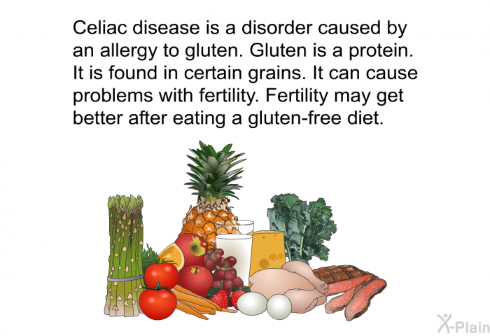 Celiac disease is a disorder caused by an allergy to gluten. Gluten is a protein. It is found in certain grains. It can cause problems with fertility. Fertility may get better after eating a gluten-free diet.