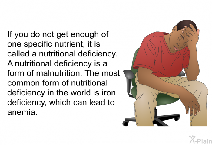 If you do not get enough of one specific nutrient, it is called a nutritional deficiency. A nutritional deficiency is a form of malnutrition. The most common form of nutritional deficiency in the world is iron deficiency, which can lead to anemia.