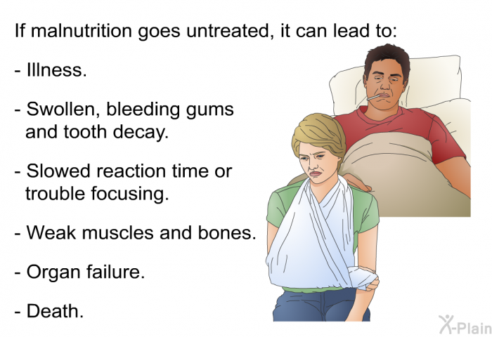If malnutrition goes untreated, it can lead to:  Illness. Swollen, bleeding gums and tooth decay. Slowed reaction time or trouble focusing. Weak muscles and bones. Organ failure. Death.