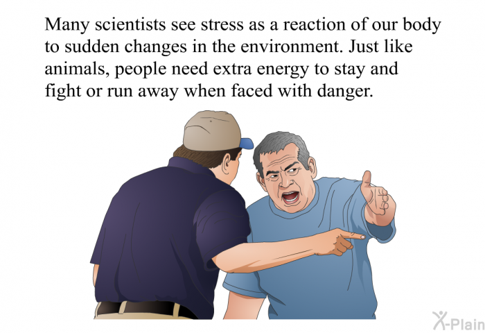 Many scientists see stress as a reaction of our body to sudden changes in the environment. Just like animals, people need extra energy to stay and fight or run away when faced with danger.