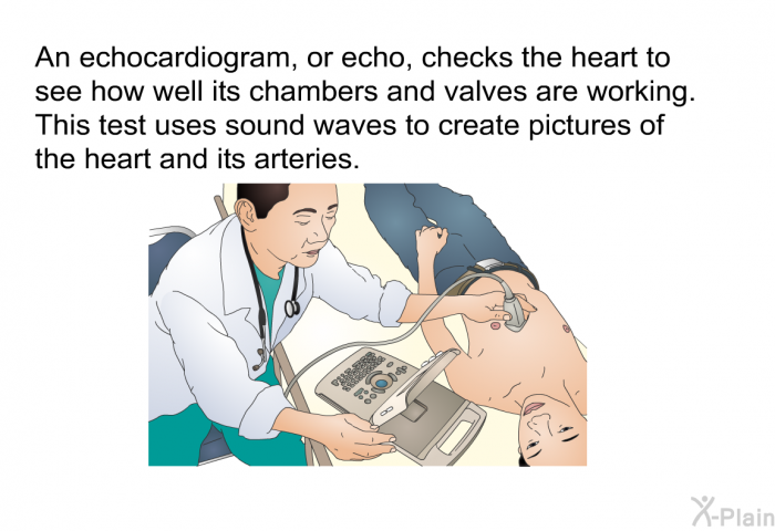 An echocardiogram, or echo, checks the heart to see how well its chambers and valves are working. This test uses sound waves to create pictures of the heart and its arteries.