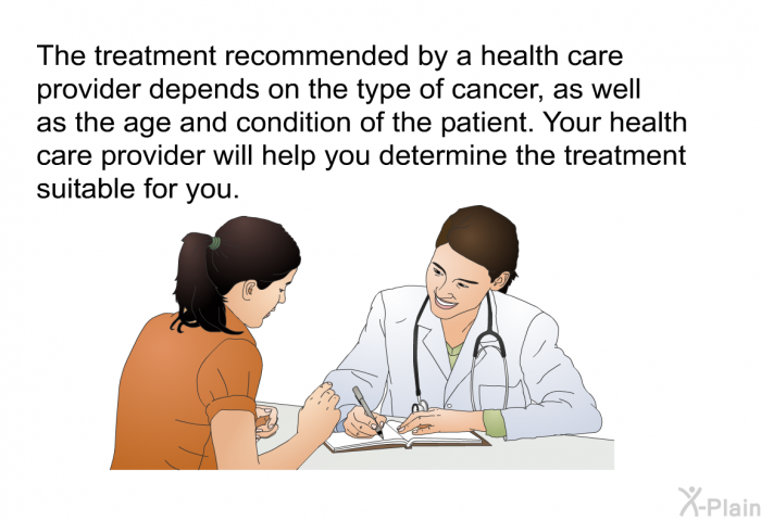 The treatment recommended by a health care provider depends on the type of cancer, as well as the age and condition of the patient. Your health care provider will help you determine the treatment suitable for you.