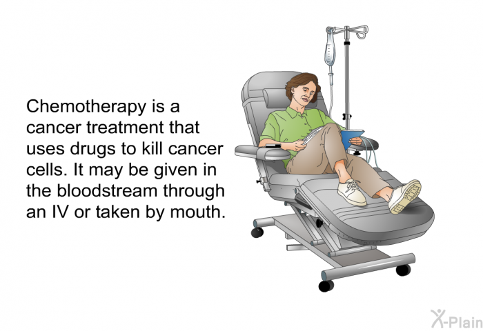 Chemotherapy is a cancer treatment that uses drugs to kill cancer cells. It may be given in the bloodstream through an IV or taken by mouth.