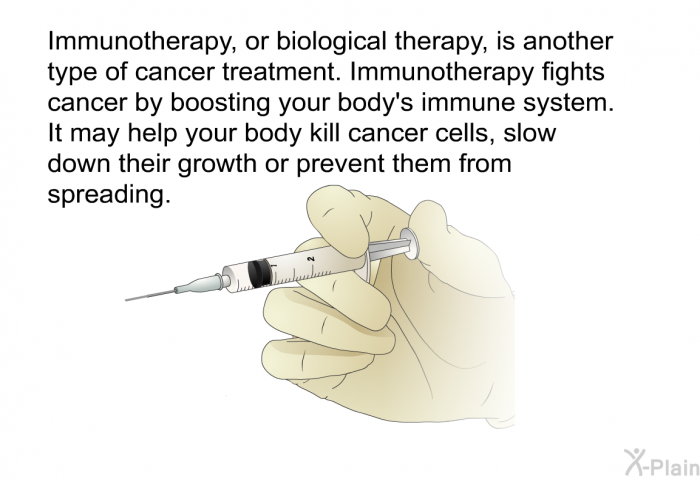 Immunotherapy, or biological therapy, is another type of cancer treatment. Immunotherapy fights cancer by boosting your body's immune system. It may help your body kill cancer cells, slow down their growth or prevent them from spreading.