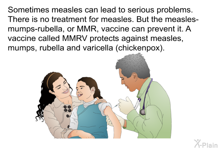 Sometimes measles can lead to serious problems. There is no treatment for measles. But the measles-mumps-rubella, or MMR, vaccine can prevent it. A vaccine called MMRV protects against measles, mumps, rubella and varicella (chickenpox).
