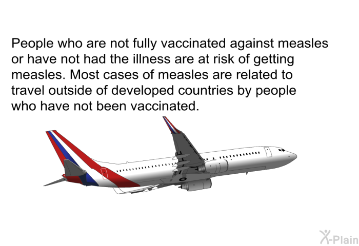 People who are not fully vaccinated against measles or have not had the illness are at risk of getting measles. Most cases of measles are related to travel outside of developed countries by people who have not been vaccinated.
