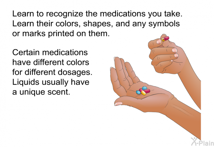 Learn to recognize the medications you take. Learn their colors, shapes, and any symbols or marks printed on them. Certain medications have different colors for different dosages. Liquids usually have a unique scent.