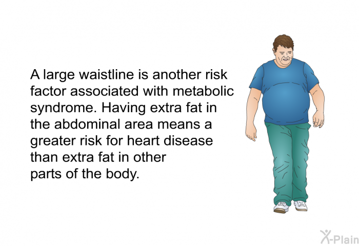 A large waistline is another risk factor associated with metabolic syndrome. Having extra fat in the abdominal area means a greater risk for heart disease than extra fat in other parts of the body.