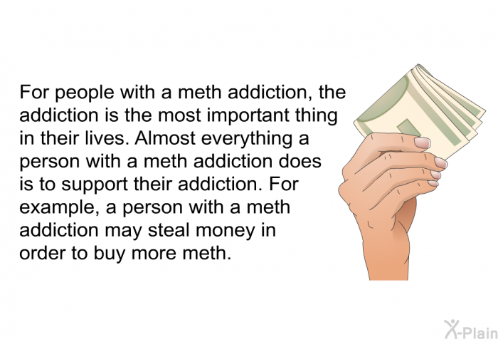 For people with a meth addiction, the addiction is the most important thing in their lives. Almost everything a person with a meth addiction does is to support their addiction. For example, a person with a meth addiction may steal money in order to buy more meth.