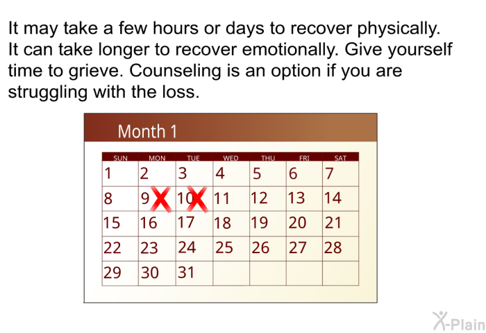 It may take a few hours or days to recover physically. It can take longer to recover emotionally. Give yourself time to grieve. Counseling is an option if you are struggling with the loss.