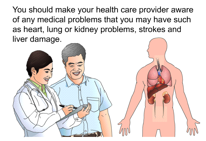 You should make your health care provider aware of any medical problems that you may have such as heart, lung or kidney problems, strokes and liver damage.