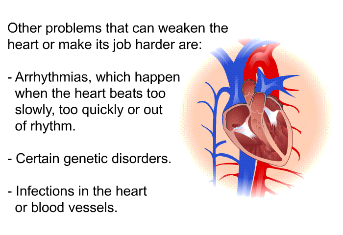 Other problems that can weaken the heart or make its job harder are:  Arrhythmias, which happen when the heart beats too slowly, too quickly or out of rhythm. Certain genetic disorders. Infections in the heart or blood vessels.