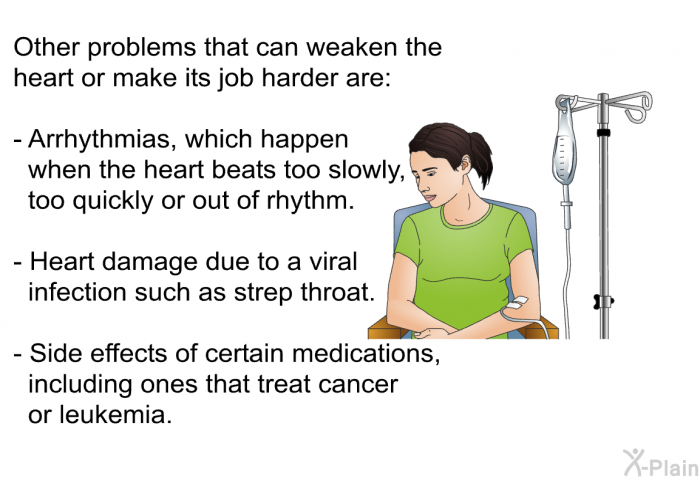 Other problems that can weaken the heart or make its job harder are:  Arrhythmias, which happen when the heart beats too slowly, too quickly or out of rhythm. Heart damage due to a viral infection such as strep throat. Side effects of certain medications, including ones that treat cancer or leukemia.
