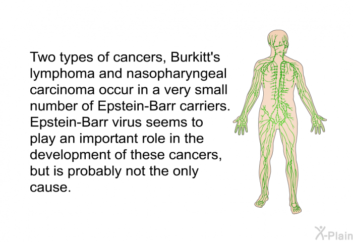 Two types of cancers, Burkitt's lymphoma and nasopharyngeal carcinoma occur in a very small number of Epstein-Barr carriers. Epstein-Barr virus seems to play an important role in the development of these cancers, but is probably not the only cause.