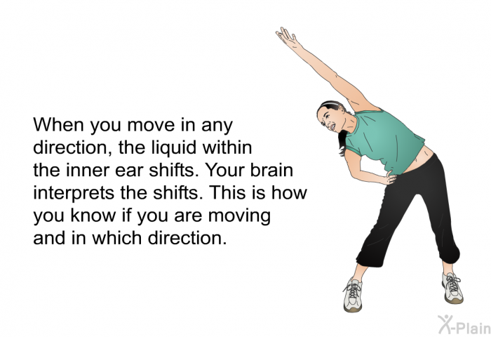 When you move in any direction, the liquid within the inner ear shifts. Your brain interprets the shifts. This is how you know if you are moving and in which direction.