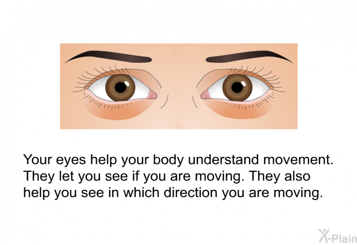 Your eyes help your body understand movement. They let you see if you are moving. They also help you see in which direction you are moving.