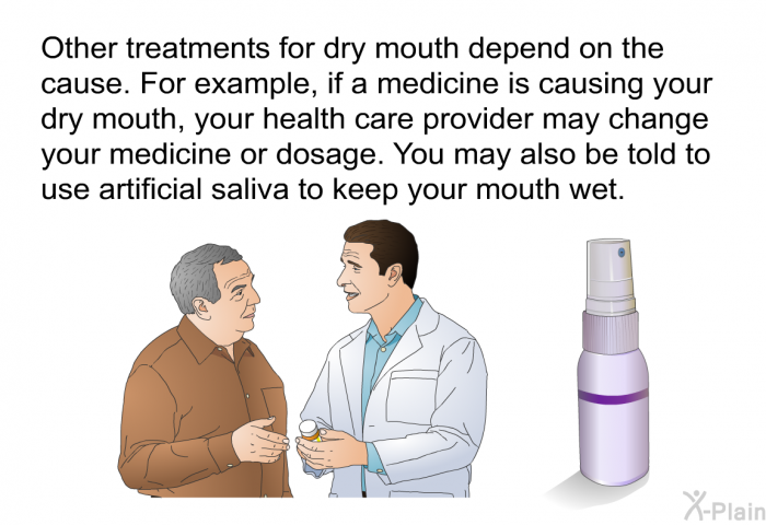 Other treatments for dry mouth depend on the cause. For example, if a medicine is causing your dry mouth, your health care provider may change your medicine or dosage. You may also be told to use artificial saliva to keep your mouth wet.